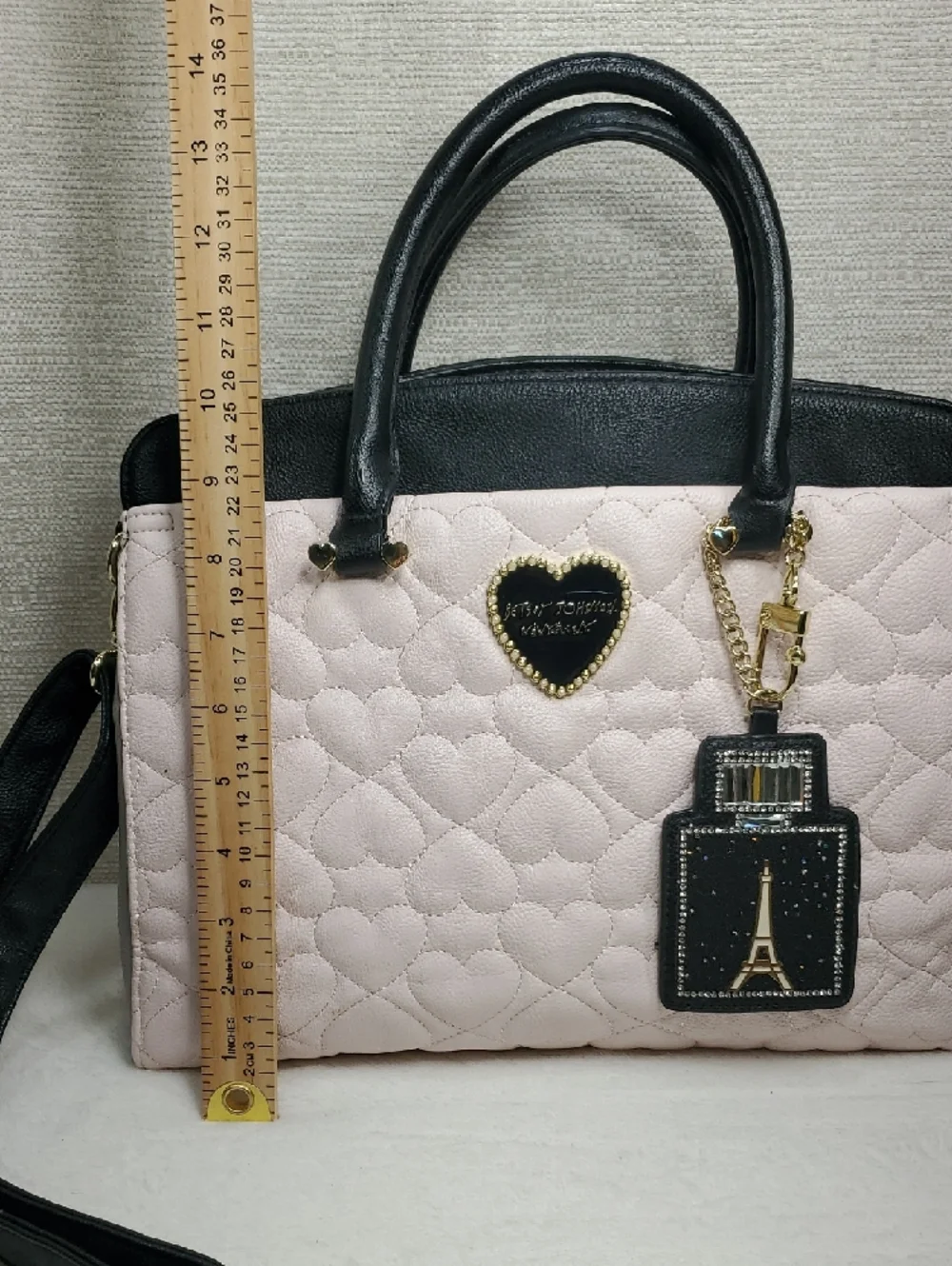 Betsey Johnson Heart Quilted Pink Black Grey Satchel Eiffel Tower Bag Charm